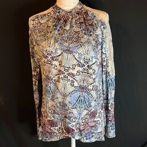 Free People New World Long Sleeve Lace Wrap Top Mock Neck Linen Blue retail 119